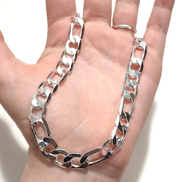 Amazon.com: UILZ Solid 925 Sterling Silver Plated Bracelet  925 Silver Plated Necklace Bracelet Set 10MM Sterling Figaro Valentines Birthday